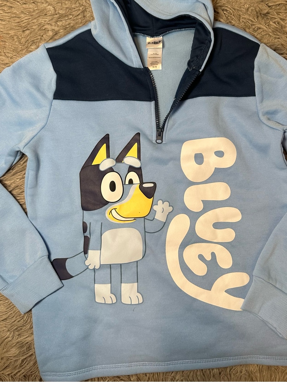 Bluey Kids Hoodie 10-12 Light Blue Navy Quarter Zip Graphic Pullover